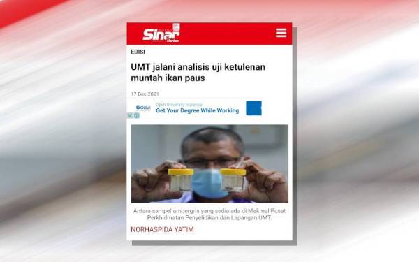 Laporan Sinar Harian sebelum ini mengenai muntah ikan paus.