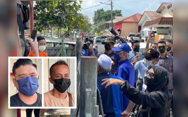 Ismail Sabri (tengah) bertanya khabar kepada mangsa banjir di Kampung Batu 12, Puchong pada Ahad. (Gambar kecil, dari kiri Mohd Hafiz, Mazalan)