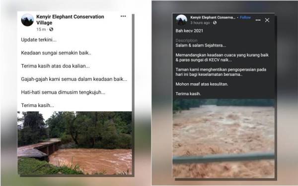 Status Facebook KECV memaklumkan berlaku arus deras berhampiran perkampungan konservasi gajah di Tasik Kenyir.