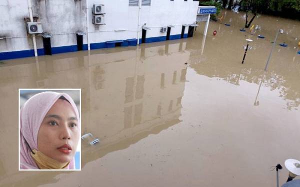 Pekarangan Balai Polis Sri Muda yang tenggelam. Gambar kecil: Fatin Nabillah