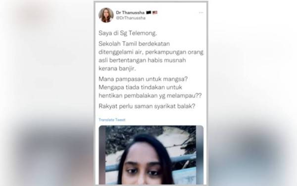 Tangkap layar Twitter Dr Thanussha yang mempersoalkan mengenai tindakan kerajaan yang didakwa pembalakan haram pada Ahad.