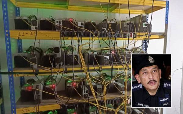 Mesin perlombongan bitcoin bernilai lebih RM1 juta dirampas dalam Op Letrik TNB di 16 premis sekitar daerah Manjung. - Foto ihsan polis. Gambar kecil: Mior Faridalathrash