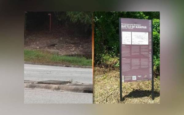 Papan tanda maklumat tentang sejarah perang Kampar (gambar kanan) yang kini telah hilang akibat dicuri pihak tidak bertanggungjawab. - Foto Awani/ Facebook Shaharom Ahmad