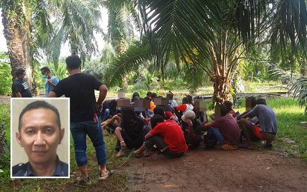 Seramai 29 lelaki ditahan dalam Ops Sarang di sebuah kebun kelapa sawit sekitar Jalan Klang - Banting, Seri Cheeding, Kuala Langat pada Rabu. Gambar kecil: Ahmad Ridhwan Mohd Nor@Salleh