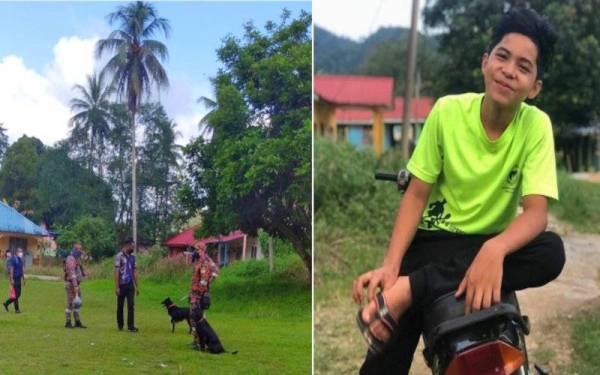 Bantuan Unit K9 polis dan bomba turut digunakan untuk membantu SAR. - Foto FB (Muhammad Iznun Al-Azim dikhuatiri hilang di Kampung Pasir Linggi, Pos Lebir, Gua Musang pada Isnin.)