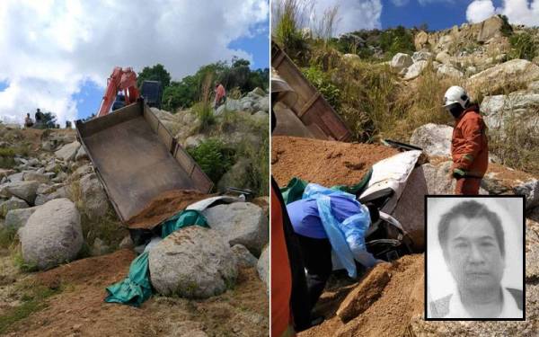 Seorang lelaki maut (Gambar kecil: Mohd Dali Mohd Yunus) selepas lori yang dipandunya terbalik dan jatuh ke dalam cerun ketika menuruni lereng bukit di Kuari Bukit Jerus, Pasir Puteh pada Rabu. Foto: Ihsan JBPM