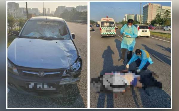 Keadaan kereta selepas kemalangan berkenaan. (Gambar kanan) Warga asing maut dirempuh sebuah kereta ketika melintas di Jalan Lapangan Terbang Subang pada Isnin.