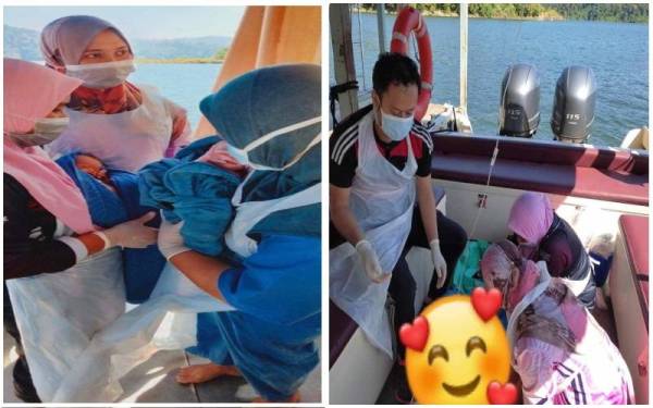 Sepasang bayi kembar selamat dilahirkan dalam bot ambulans di Tasik Banding (Gambar kanan) Tindakan pantas anggota kesihatan berjaya menyelamatkan seorang wanita yang sakit bersalin dalam bot ambulans di Tasik Banding, Foto: Facebook Jabatan Kesihatan Negeri Perak