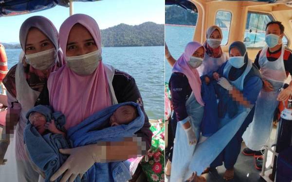 Nur Shaffriza (kiri) bersama bayi kembar yang selamat dilahirkan dalam bot ambulans di Tasik Banding pada Sabtu lepas.