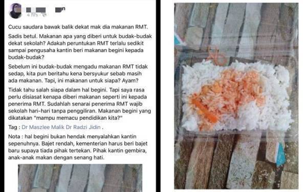 Tangkap layar seorang wanita memuat naik sekeping gambar makanan yang didakwa diterima pelajar RMT.