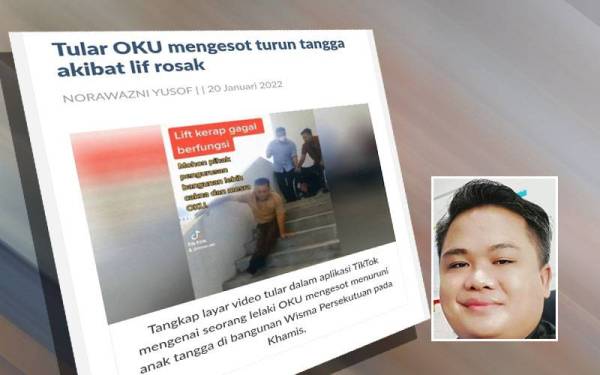 Artikel disiarkan Sinar Harian menyiarkan mengenai penularan satu video dalam aplikasi TikTok mengenai seorang lelaki OKU mengesot menuruni anak tangga dari tingkat tiga di Wisma Persekutuan, Kuantan pada Khamis. Gambar kecil: Johari