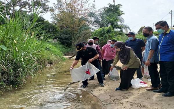 Ahmad melakukan pelepasan benih ikan di perairan umum Sungai Batang Padang, di sini pada Isnin.