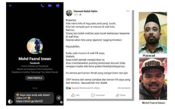 Mesej tertera pautan laman web mencurigakan di Messenger Mohd Fazrul dan gambar kanan tangkap layar permohonan maaf Haswad di akaun Facebook.