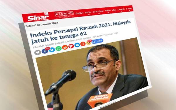 Kedudukan Malaysia dalam Indeks Persepsi Rasuah (CPI) 2021 yang dikeluarkan Transparency International (TI) terus jatuh ke tangga 62 daripada keseluruhan 180 negara berbanding tangga 57 pada 2020.