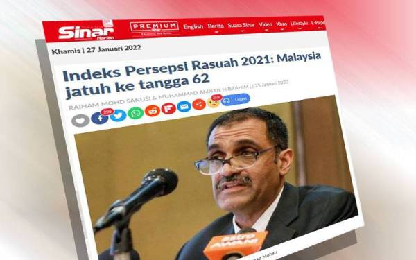 Kedudukan Malaysia dalam CPI 2021 merosot lima anak tangga ke tangga 62 daripada keseluruhan 180 negara berbanding tangga 57 pada 2020.