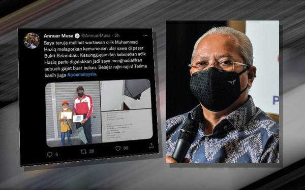 Muhammad Haziq menerima komputer tablet yang dikongsi menerusi hantaran Twitter Annuar. (Gambar kanan: Annuar)