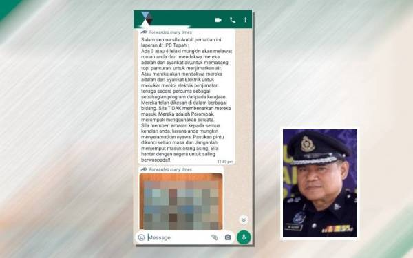 IPD Tapah nafi keluarkan mesej yang tular melalui aplikasi WhatsApp. (Gambar kecil: Wan Azharuddin)