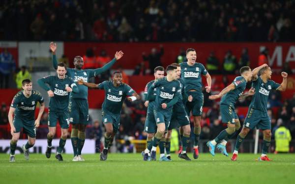 Pemain Middlesbrough meraikan kejayaan menewaskan Manchester United dalam saingan Piala FA di Old Trafford.