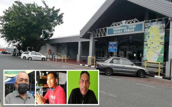 Terminal Feri Kuala Perlis lengang tanpa kehadiran penumpang disebabkan penutupan terminal susulan alur perairan yang surut. (Gambar kecil) Zainuddin, Muhamad Arif dan Roslan.