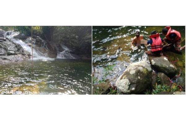 Gambar kiri: Lokasi kejadian dua rakan ditemui lemas ketika mandi di air terjun Batu Berangkai, Kampar pada Selasa. Gambar kanan: Mangsa kedua berjaya dibawa naik oleh anggota bomba sebelum diserahkan kepada polis. - Foto Bomba Perak