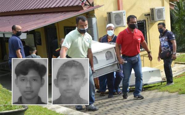 Jenazah mangsa dibawa keluar dari Hospital Kampar untuk dikebumikan selepas solat maghrib pada Selasa. Gambar kecil dari kiri: Muhammad Amirul Hafidz, Muhammad Fikri Adam