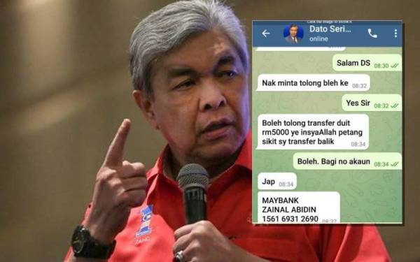 Tangkap layar perbualan individu yang menyamar sebagai Ahmad Zahid untuk meminjam wang daripada kenalan beliau.