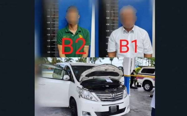 Sebuah kereta dan dua daripada lima suspek yang ditahan untuk membantu siasatan kes tetak seorang lelaki di pekan Benut, Pontian, pada Isnin.