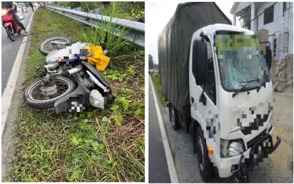 (Gambar kiri) Motosikal yang dipandu mangsa dalam kejadian berkenaan. (Gambar Kanan) Lori yang terlibat dalam kemalangan berkenaan mengalami kerosakan di bahagian depan.