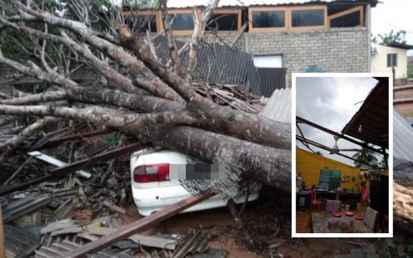 Sebuah kenderaan dihempap pokok dalam kejadian berkenaan. (Rumah penduduk yang terjejas dalam kejadian itu.) - Foto Ihsan Bomba