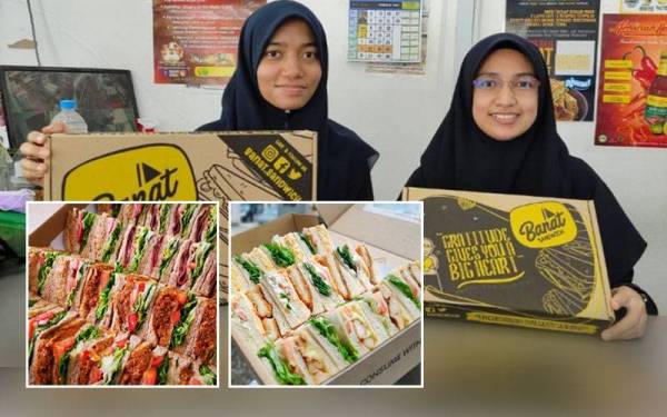 Fatin Wahidah (kiri) bersama Fatin Nurjihan mengusakan Banat Sandwich. Mixbox sandwic antara pilihan pelanggan.