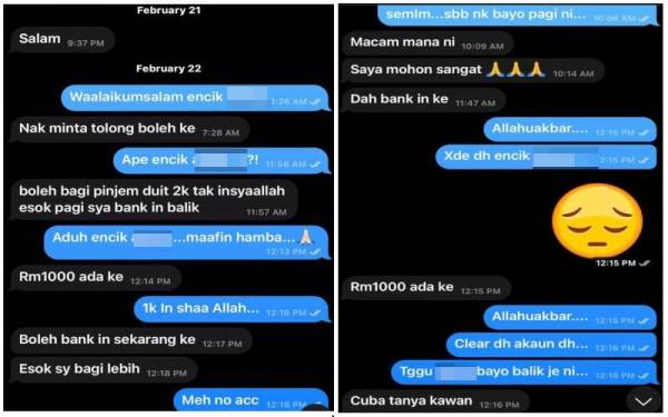 Tangkap layar perbualan antara mangsa dan suspek menerusi aplikasi Telegram. - Foto ihsan pembaca