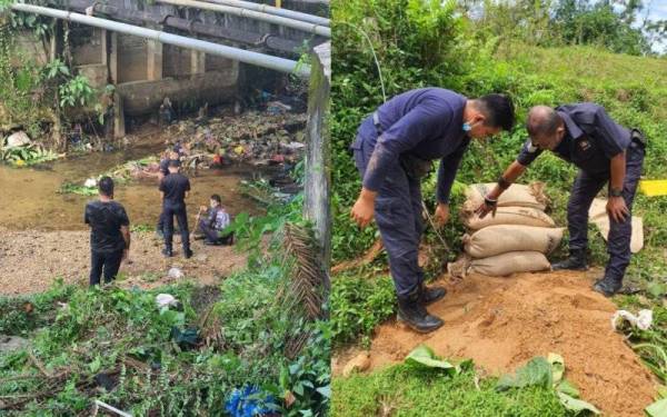 Anggota polis memeriksa bom mortar yang ditemui di tebing Sungai Tupai, Taiping pada Jumaat.