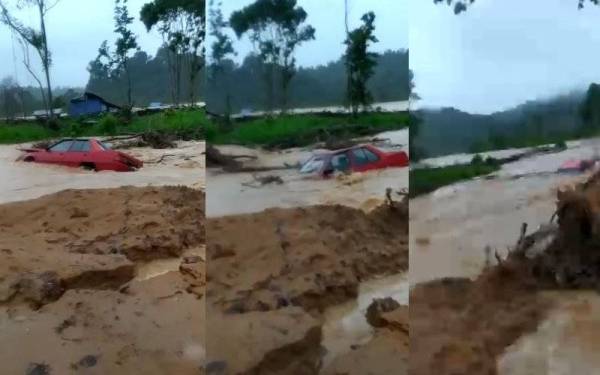 Tangkap layar video kejadian kereta dihanyutkan arus di Kampung Sungai Mas,Sungai Lembing yang tular di Facebook.