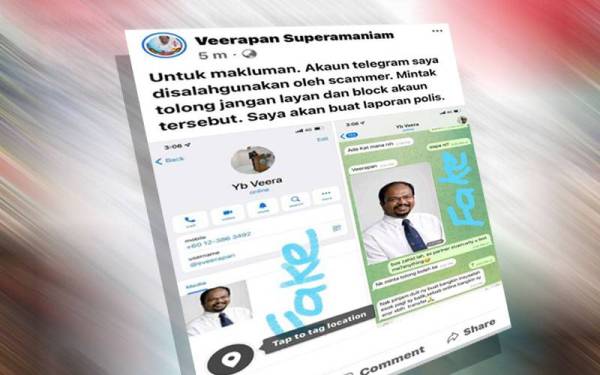 Veerapan memaklumkan di Facebook akaun Telegram miliknya digodam oleh scammer.