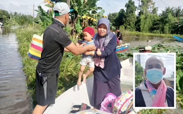 Muhammad Faizul membawa anak dan isterinya ke lokasi yang lebih selamat berikutan air naik mendadak. (Gambar kecil: Mohamad)