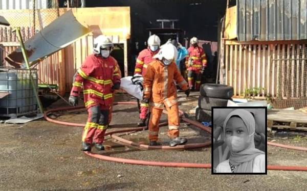 Bomba mengangkat mayat mangsa yang rentung dalam kebakaran di sebuah kilang pembuatan getah sintetik di Kawasan Perindustrian Bakar Arang pada pagi Jumaat. (Gambar kecil: Misha Kasih)