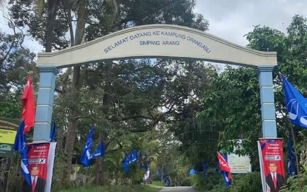 Pintu masuk di Kampung Orang Asli Simpang Arang sudah mula dipenuhi bendera parti politik yang bertanding.