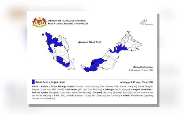 Amaran ribut petir dan hujan lebat yang dikeluarkan oleh MetMalaysia.