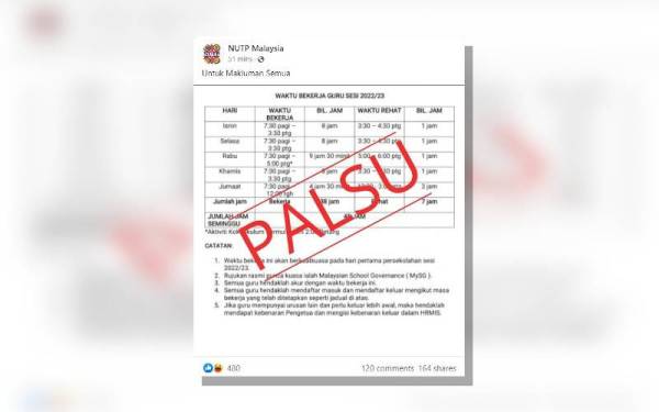 NUTP memuat naik jadual palsu yang tular di Facebook pada Ahad.