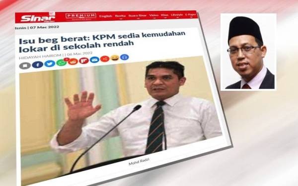 Mohd Radzi pada Ahad mengumumkan KPM akan menyediakan kemudahan lokar di sekolah-sekolah rendah secara berfasa bermula tahun ini sebagai penyelesaian jangka panjang berkaitan isu beg pelajar berat. (Gambar kecil: Mohd Azizee)