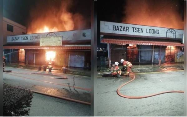 Seramai 29 anggota bomba terlibat dalam operasi pemadaman kebakaran di Bazar Tsen Loong di Taiping. - Foto ihsan JBPM Perak