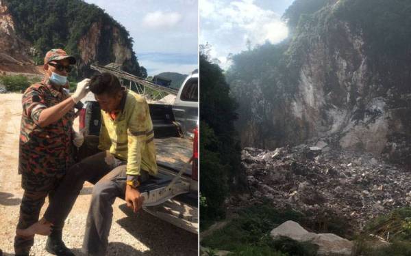 Anggota bomba memberi rawatan awal kepada salah seorang pekerja yang terselamat dalam kejadian runtuhan batu kuari Keramat Pulai, Simpang Pulai pada Selasa. -Foto ihsan Bomba Perak