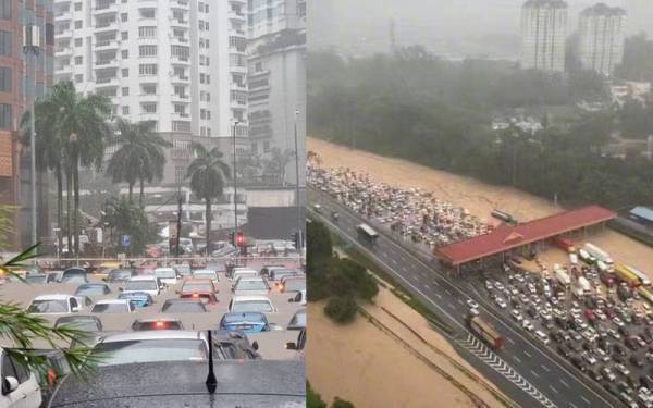 Gambar tular di media sosial menunjukkan keadaan banjir di ibu kota, petang Isnin.
