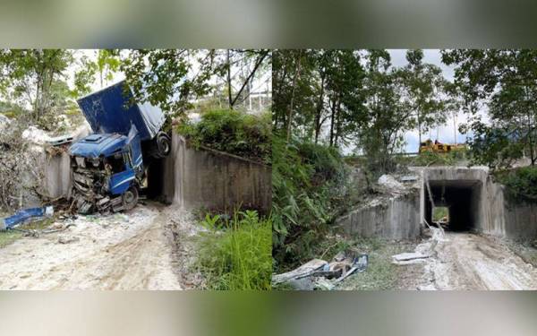 Gambar kiri: sebelum lori kontena dialih, gambar kanan: selepas lori konten dialih