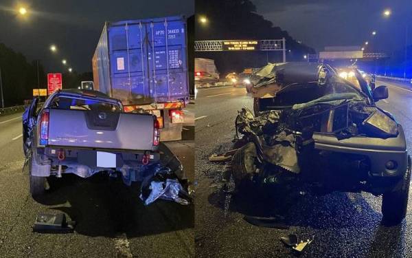 Keadaan kenderaan pacuan empat roda berkenaan selepas melanggar bahagian belakang sebuah treler di km 21.8 Lebuhraya NKVE.