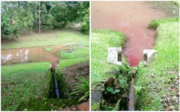 Air berwarna merah yang mengalir ke tasik dekat Taman Tasik Seremban di sini, yang dirakam dan tular sejak pagi Khamis.