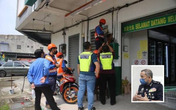 Anggota polis bersama kakitangan TNB ketika menjalankan kerja-kerja pemotongan bekalan elektrik di premis judi dalam talian di Setapak Jaya dalam operasi baru-baru ini. (Gambar kecil: Mohamad Noor Yusof)