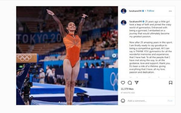 Tangkap layar status Instagram Farah Ann yang memberi bayangan persaraannya daripada dunia gimnastik.