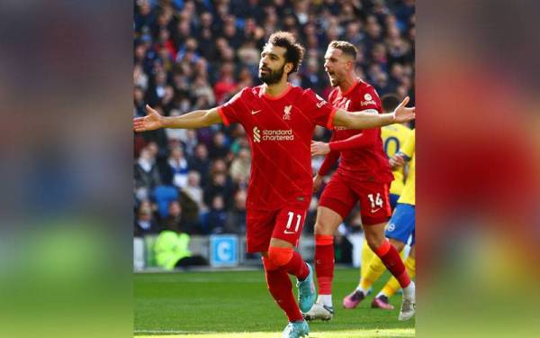 Salah antara pencetak gol ketika Liverpool menewaskan Brighton 2-0 dalam aksi Liga Perdana Inggeris di Stadium Komuniti American Express pada Sabtu. FOTO: Liverpool FC