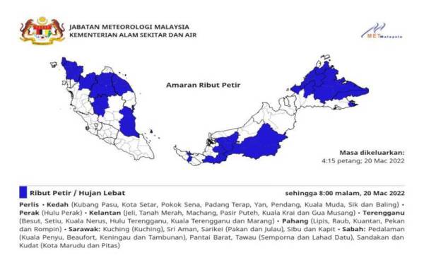 Kenyataan amaran ribut petir dikeluarkan oleh METMalaysia sehingga jam 8 malam.